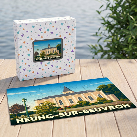 Puzzle souvenir de la ville de Neung-sur-Beuvron avec une illustration stylisée de son église.