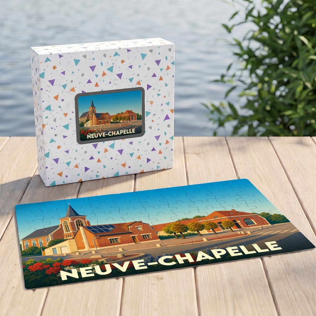 Puzzle souvenir de la ville de Neuve-Chapelle avec une illustration colorée et stylisée.