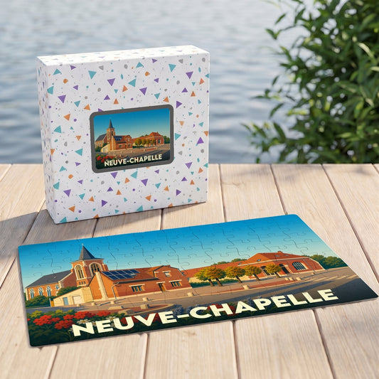 Puzzle souvenir de la ville de Neuve-Chapelle avec une illustration colorée et stylisée.