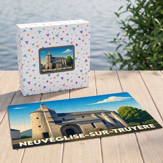Puzzle souvenir de la ville de Neuvéglise-sur-Truyère avec une illustration stylisée de son église.