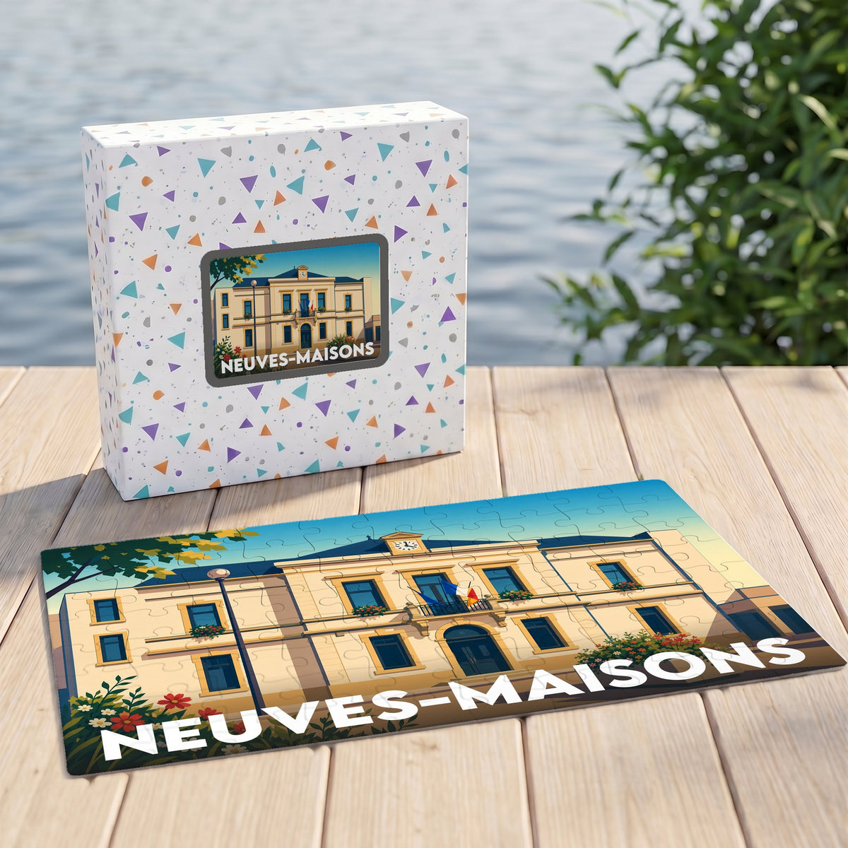 Puzzle souvenir de la ville de Neuves-Maisons avec une illustration stylisée de son hôtel de ville.