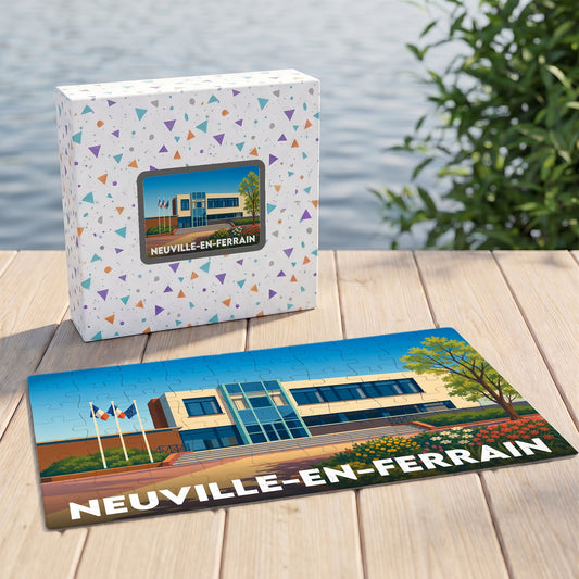 Puzzle souvenir de la ville de Neuville-en-Ferrain avec une illustration stylisée de son hôtel de ville.