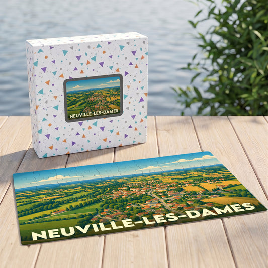 Puzzle souvenir de la ville de Neuville-les-Dames présentant une illustration panoramique et colorée de la commune.