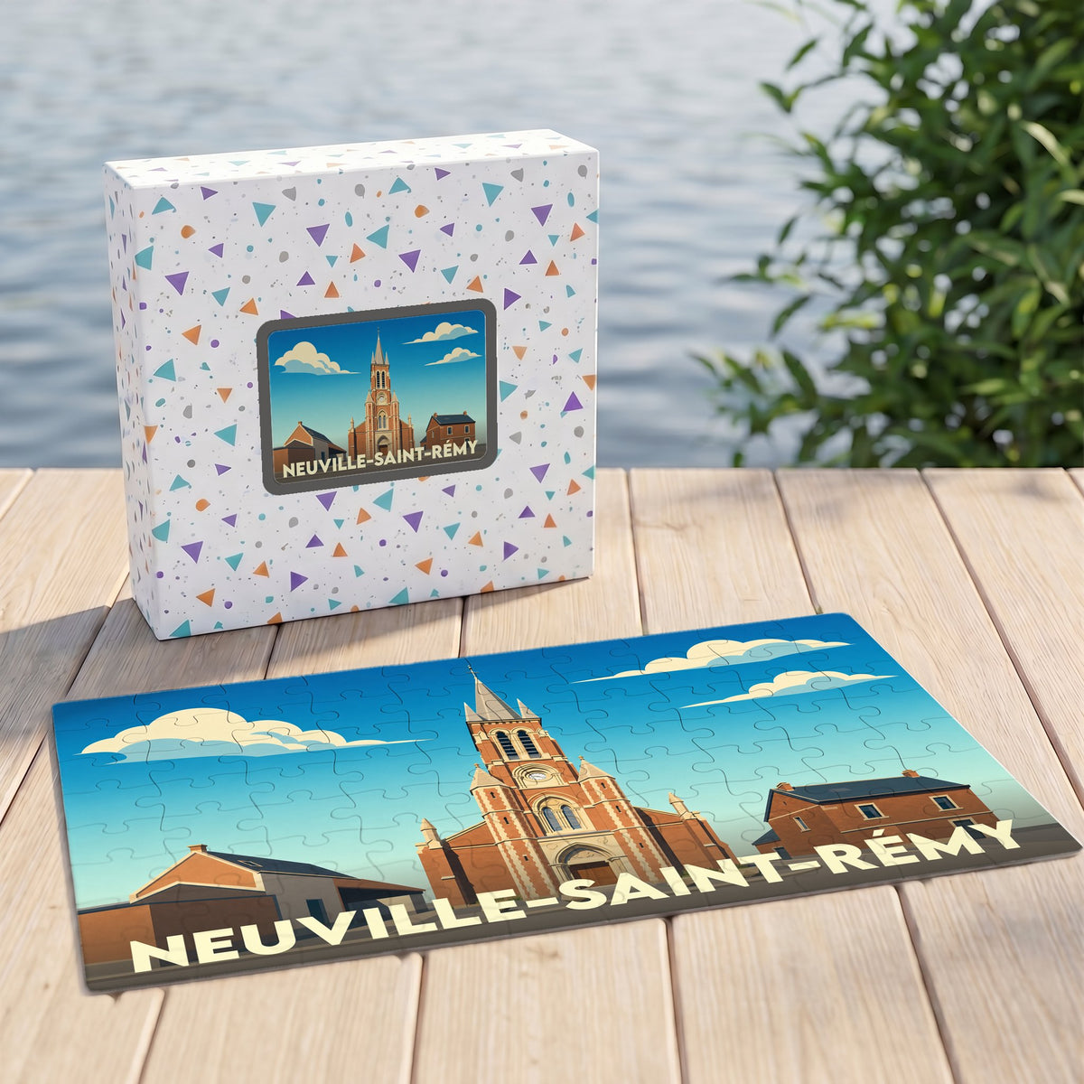 Puzzle souvenir de la ville de Neuville-Saint-Rémy avec une illustration stylisée de son église.