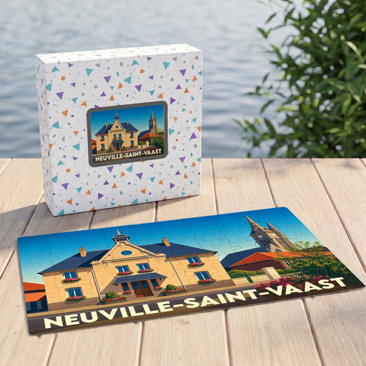 Puzzle souvenir de la ville de Neuville-Saint-Vaast avec une illustration graphique colorée de sa mairie.