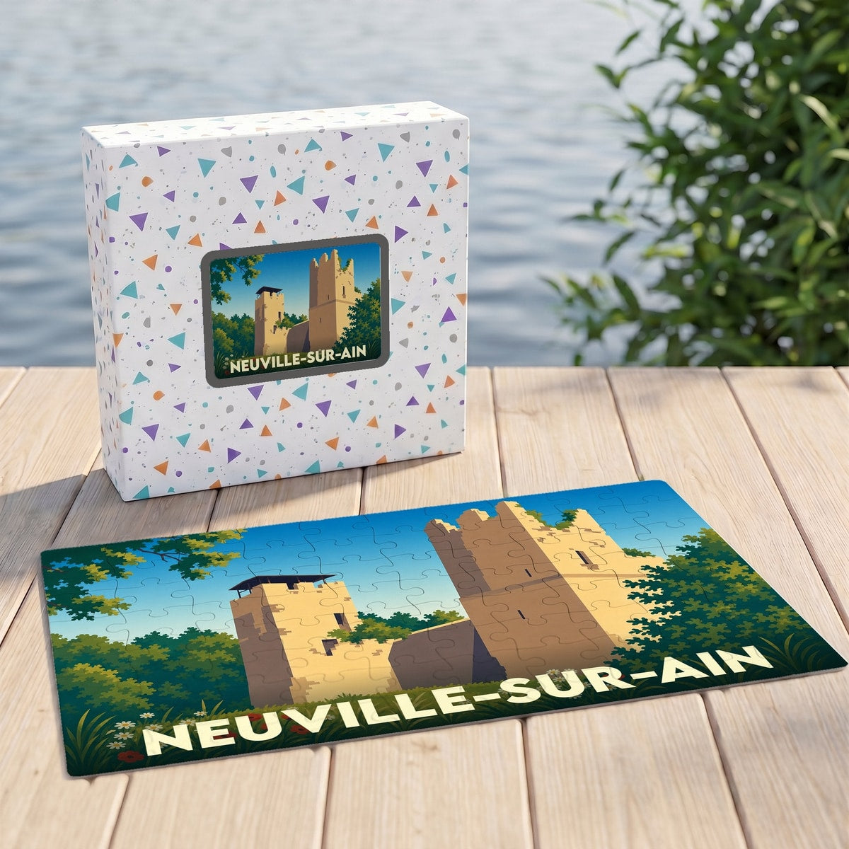 Puzzle souvenir de la ville de Neuville-sur-Ain avec une illustration stylisée de son château.