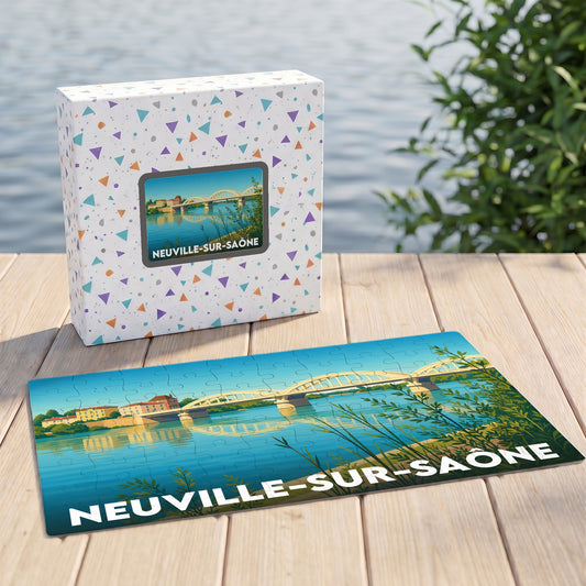Puzzle souvenir de la ville de Neuville-sur-Saône avec une illustration stylisée d'un pont enjambant la rivière.