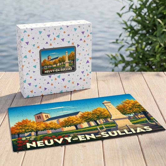 Puzzle souvenir de la ville de Neuvy-en-Sullias avec une illustration stylisée et colorée.