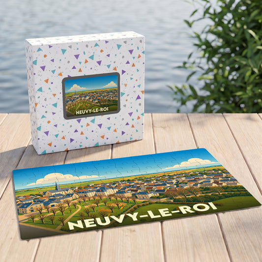 Puzzle souvenir de la ville de Neuvy-le-Roi avec une illustration panoramique stylisée.