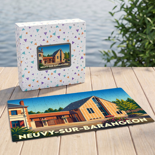 Puzzle souvenir de la ville de Neuvy-sur-Barangeon avec une illustration stylisée de son architecture locale.