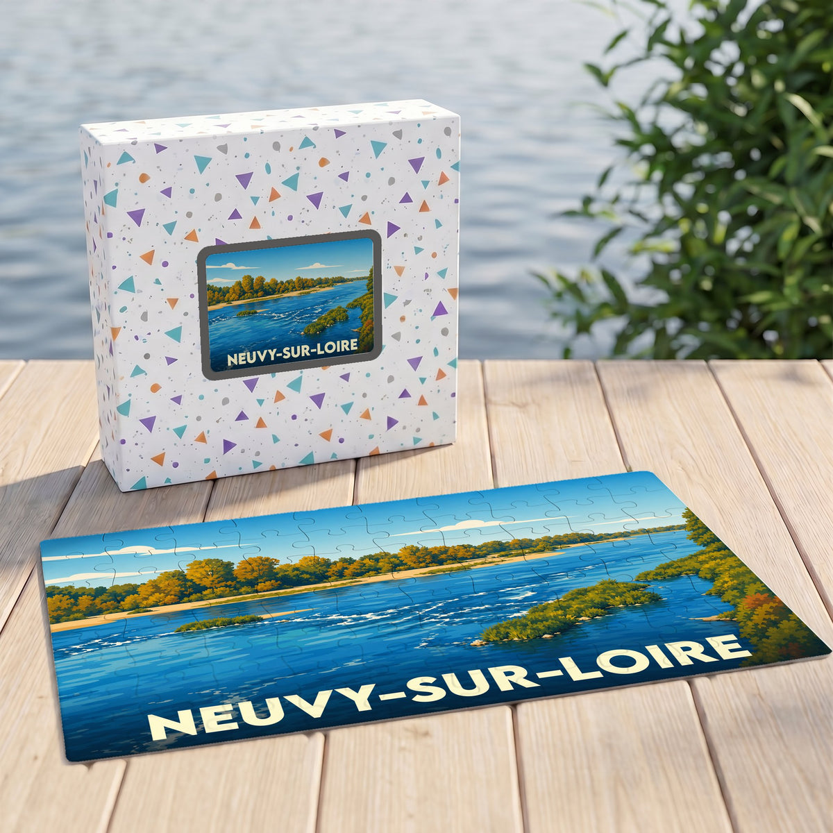 Puzzle souvenir de la ville de Neuvy-sur-Loire avec une illustration stylisée de son fleuve et de ses rivages.