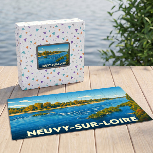 Puzzle souvenir de la ville de Neuvy-sur-Loire avec une illustration stylisée de son fleuve et de ses rivages.