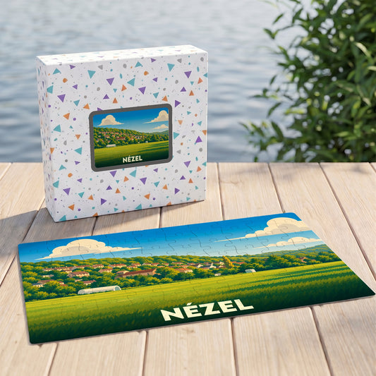 Puzzle souvenir de la ville de Nézel avec une illustration stylisée de son paysage champêtre.