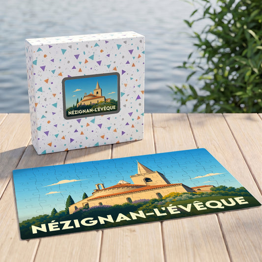 Puzzle souvenir de la ville de Nézignan-l'Évêque avec une illustration stylisée de son église.