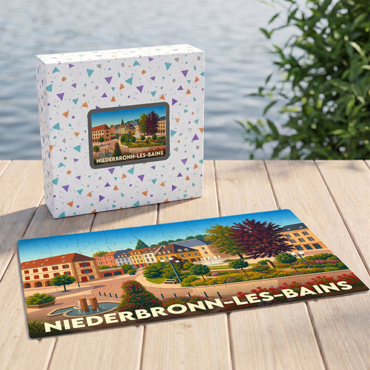 Puzzle souvenir de la ville de Niederbronn-les-Bains avec une illustration colorée et stylisée.