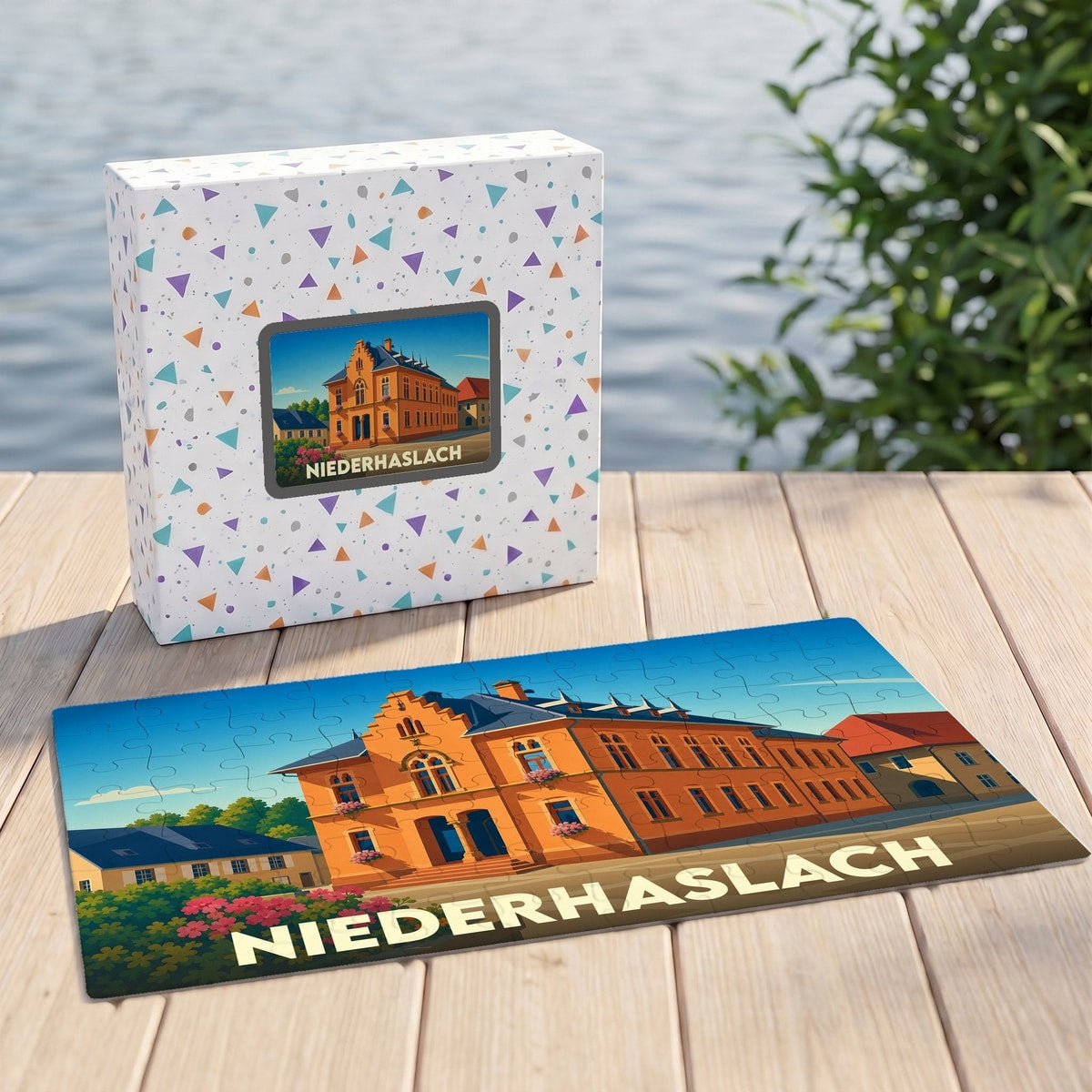 Puzzle souvenir de la ville de Niederhaslach avec une illustration stylisée d'un bâtiment historique.