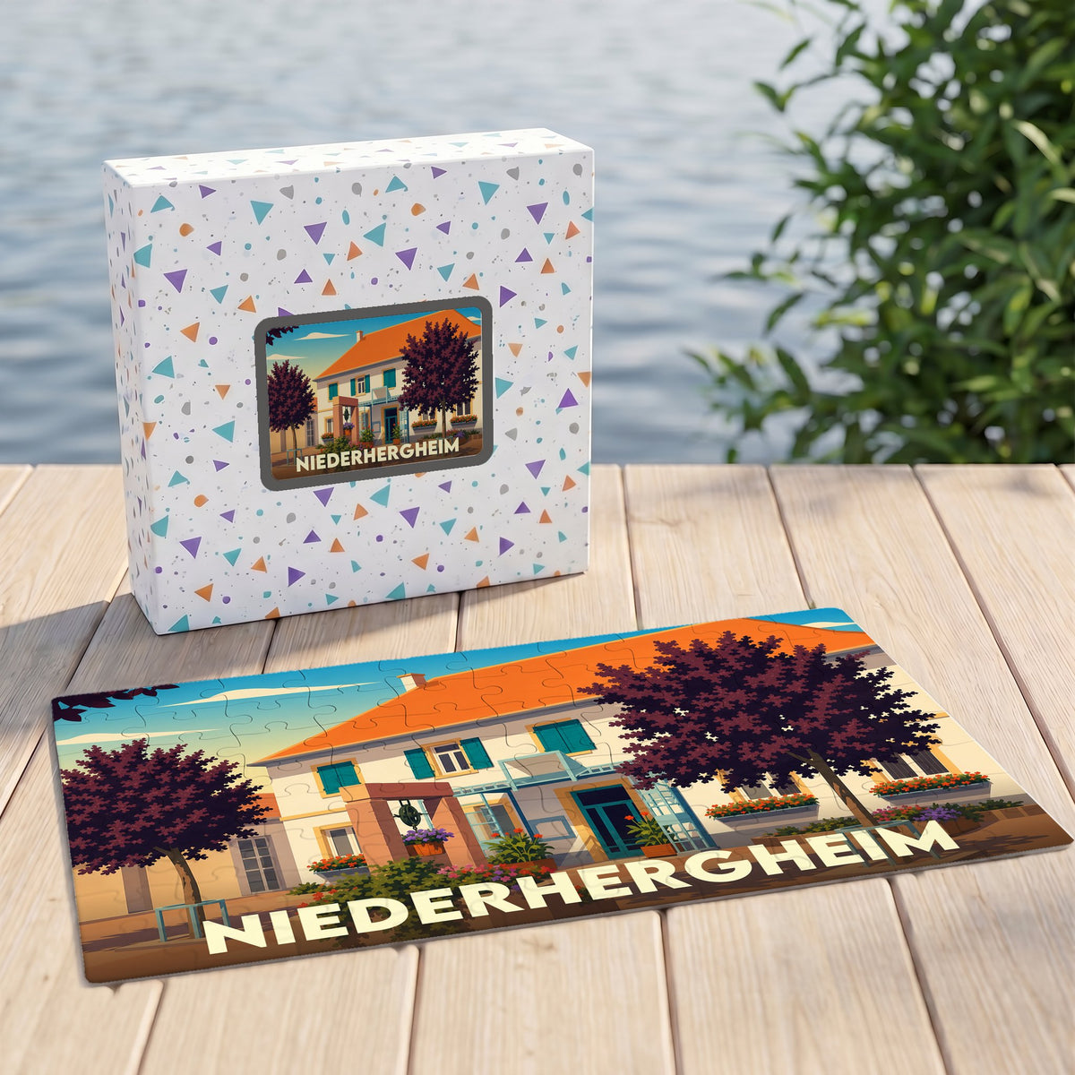 Puzzle souvenir de la ville de Niederhergheim avec une illustration stylisée d'une maison traditionnelle.