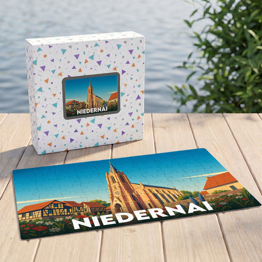 Puzzle souvenir de la ville de Niedernai avec une illustration stylisée de son église et de maisons à colombages.
