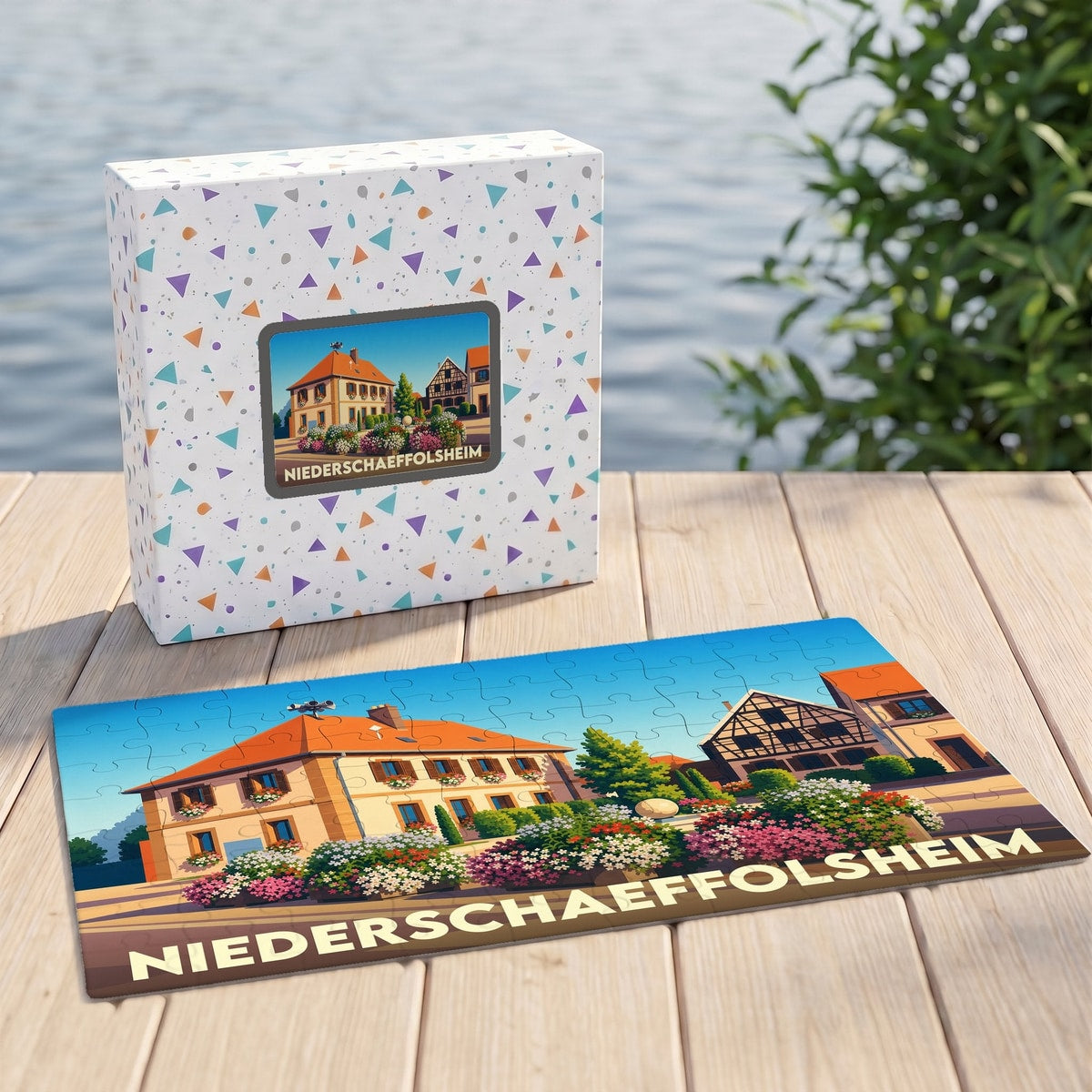 Puzzle souvenir de la ville de Niederschaeffolsheim avec une illustration colorée d'un paysage urbain alsacien.