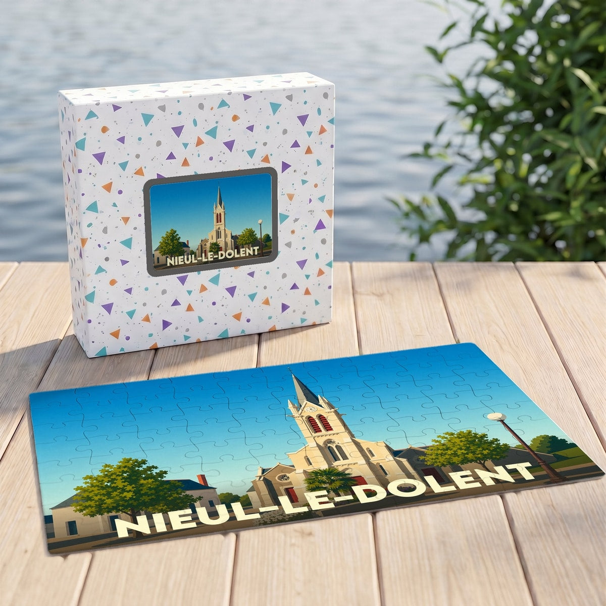 Puzzle souvenir de la ville de Nieul-le-Dolent avec une illustration stylisée de son église.