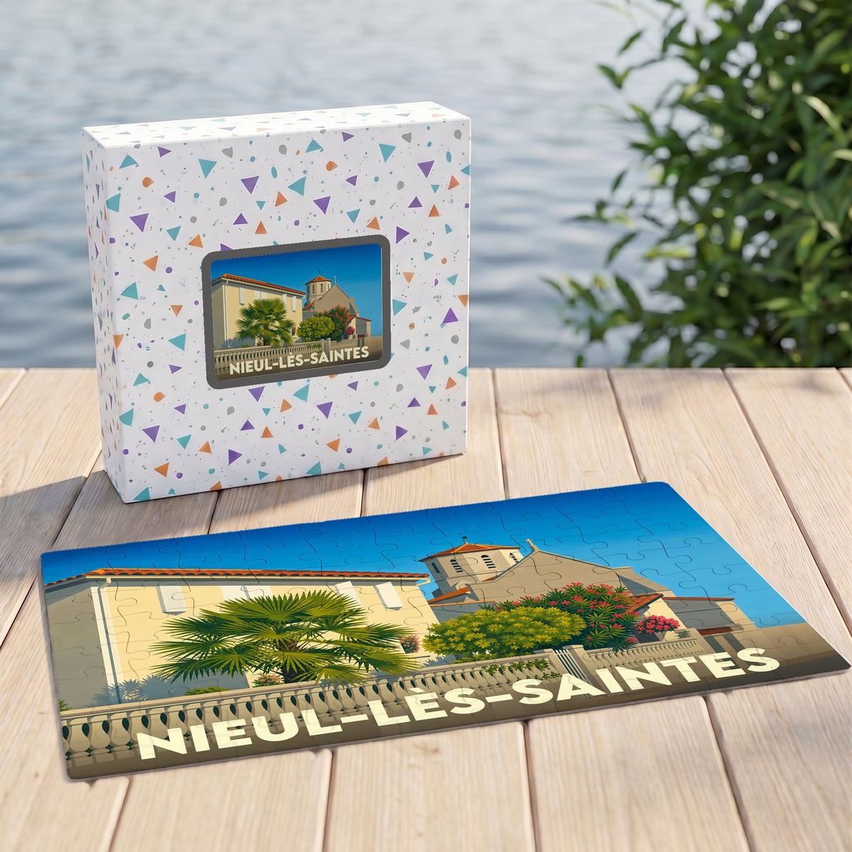 Puzzle souvenir de la ville de Nieul-lès-Saintes avec une illustration stylisée d'un paysage urbain ensoleillé.