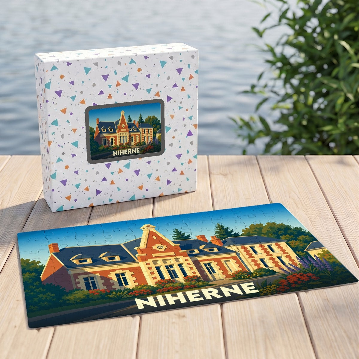 Puzzle souvenir de la ville de Niherne illustré d'un bâtiment historique dans un style graphique coloré.