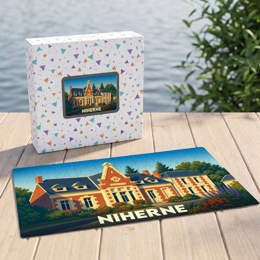Puzzle souvenir de la ville de Niherne illustré d'un bâtiment historique dans un style graphique coloré.