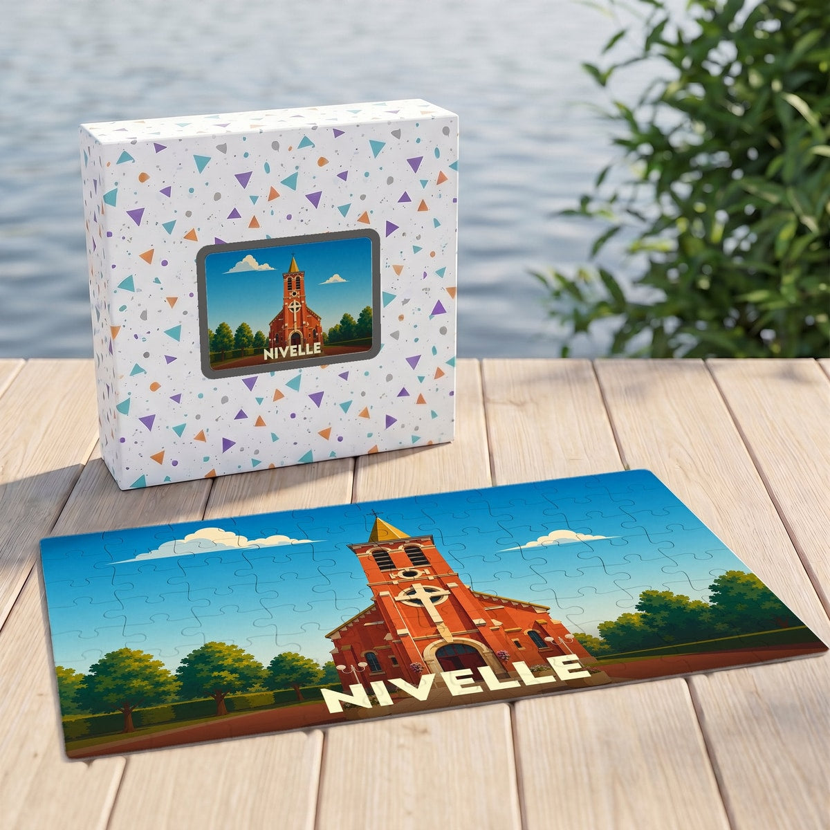 Puzzle souvenir de la ville de Nivelle avec une illustration stylisée d'une église en briques rouges.