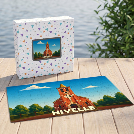 Puzzle souvenir de la ville de Nivelle avec une illustration stylisée d'une église en briques rouges.