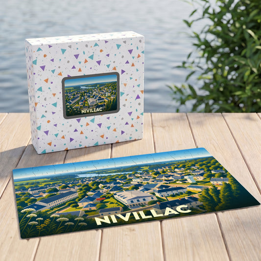 Puzzle souvenir de la ville de Nivillac avec une illustration paysagère stylisée.