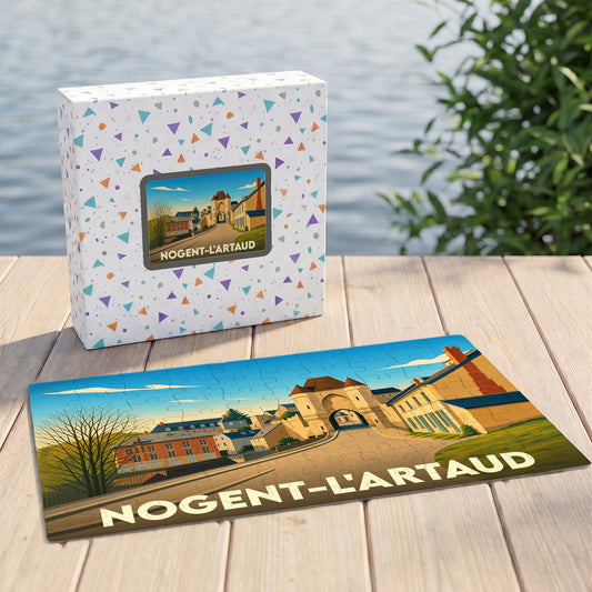 Puzzle souvenir de la ville de Nogent-l'Artaud avec une illustration stylisée et colorée.
