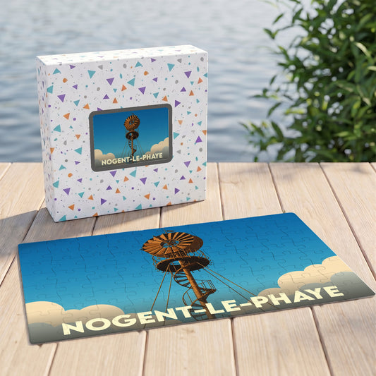 Puzzle souvenir de la ville de Nogent-le-Phaye illustré par un moulin à vent stylisé.