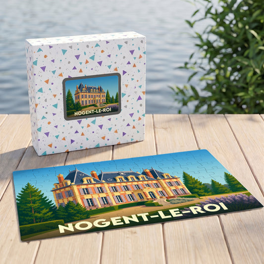 Puzzle souvenir de la ville de Nogent-le-Roi illustrant son château dans un style graphique coloré.