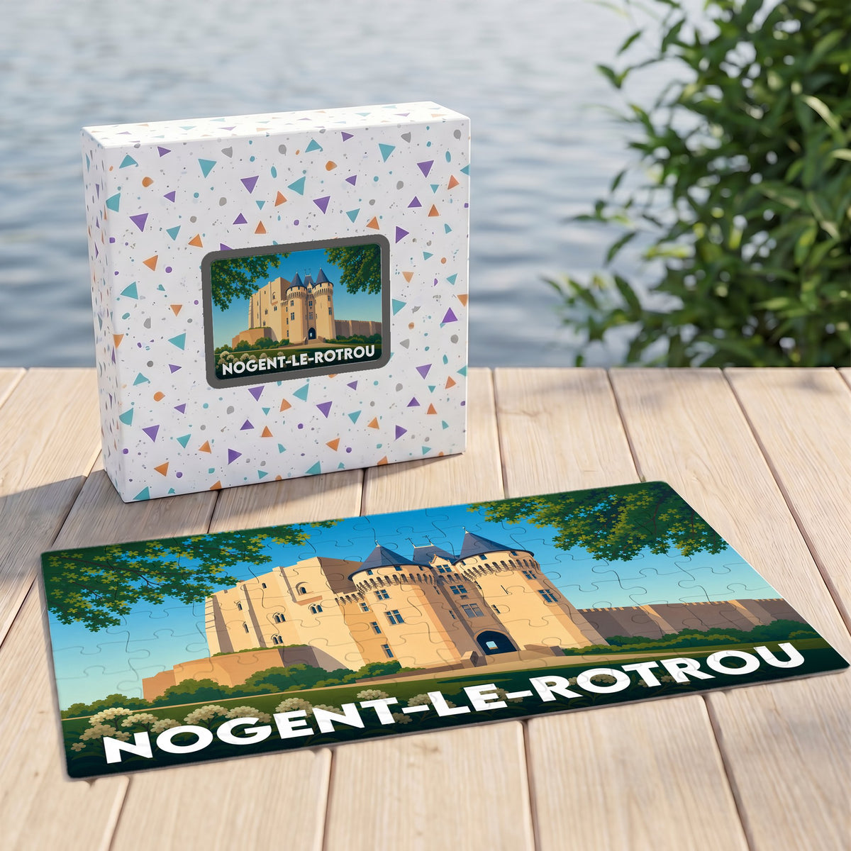Puzzle souvenir de la ville de Nogent-le-Rotrou avec une illustration stylisée de son château médiéval.