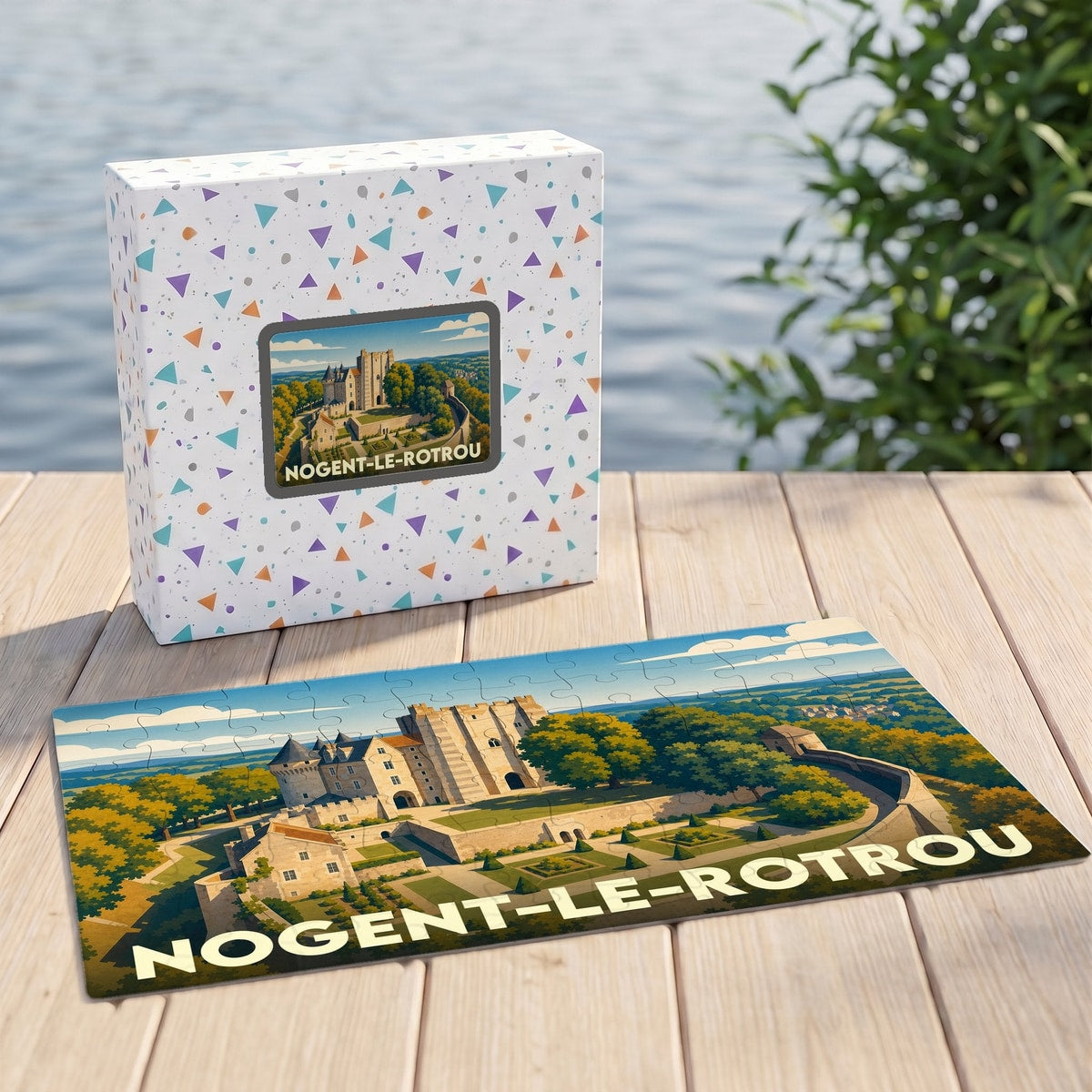 Puzzle souvenir de la ville de Nogent-le-Rotrou avec une illustration stylisée de son château médiéval.