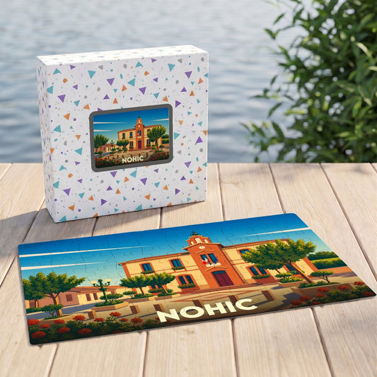 Puzzle souvenir de la ville de Nohic avec une illustration stylisée de sa mairie.
