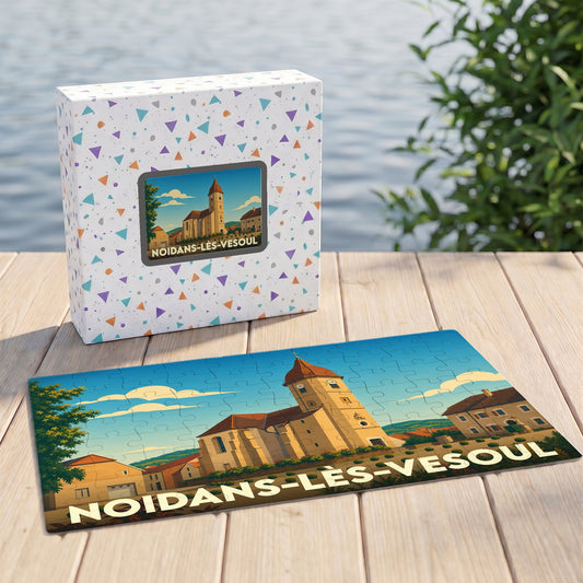 Puzzle souvenir de la ville de Noidans-lès-Vesoul avec une illustration stylisée de son église.
