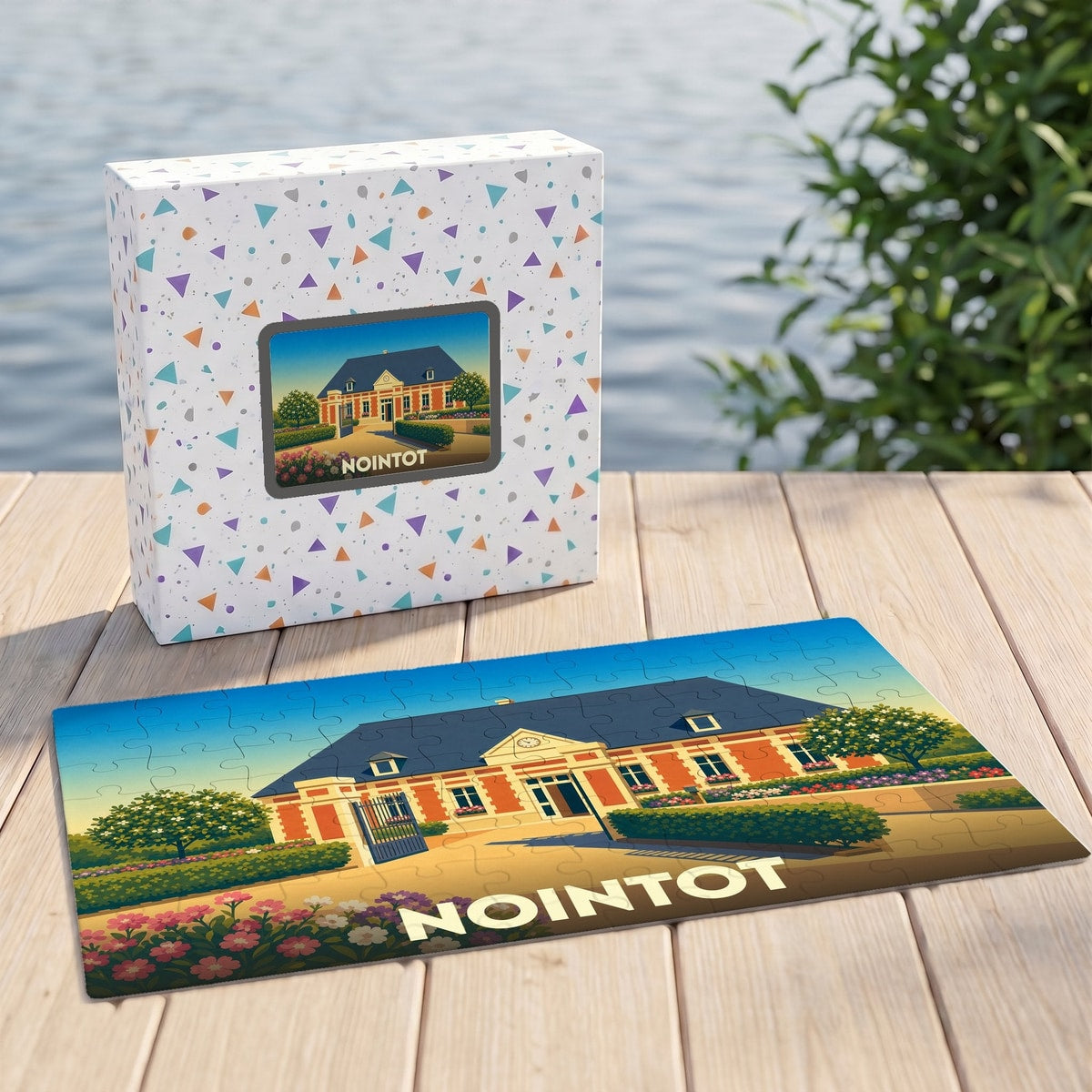 Puzzle souvenir de la ville de Nointot avec une illustration stylisée d'un bâtiment historique.