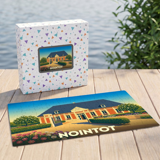 Puzzle souvenir de la ville de Nointot avec une illustration stylisée d'un bâtiment historique.