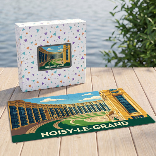 Puzzle souvenir de la ville de Noisy-le-Grand avec une illustration stylisée de son architecture emblématique.