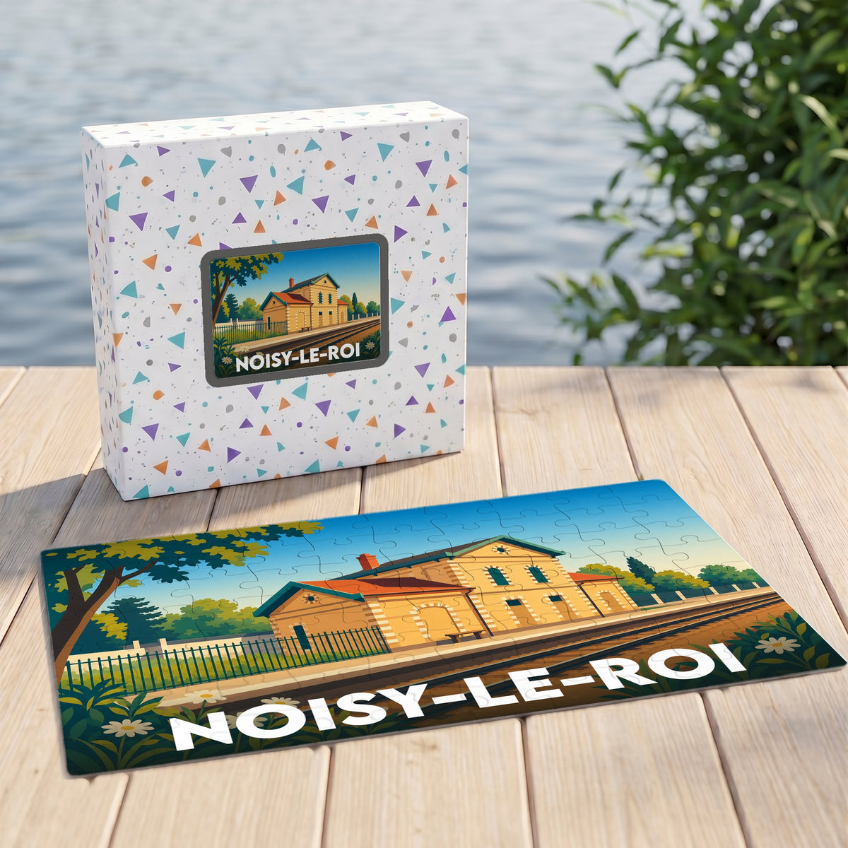 Puzzle souvenir de la ville de Noisy-le-Roi illustrant sa gare dans un style rétro coloré.