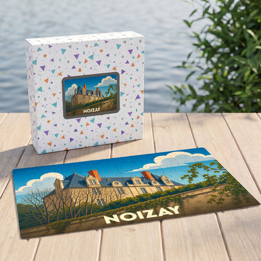 Puzzle souvenir de la ville de Noizay avec une illustration stylisée d'un château.