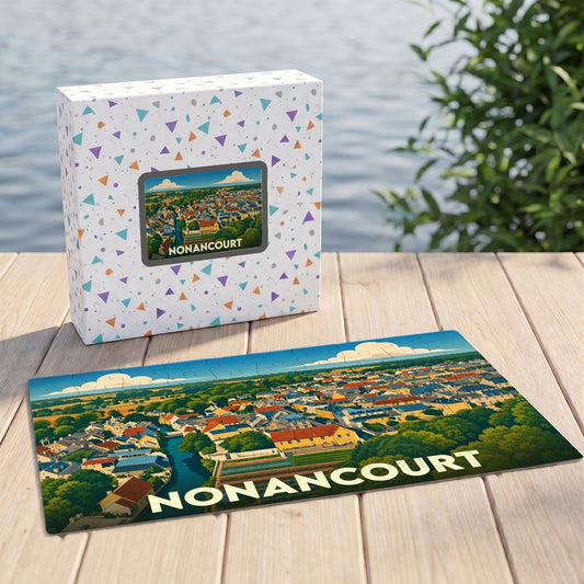Puzzle souvenir de la ville de Nonancourt avec une illustration panoramique stylisée.