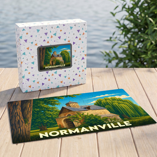 Puzzle souvenir de la ville de Normanville avec une illustration stylisée d'un bâtiment historique.
