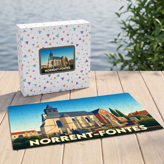 Puzzle souvenir de la ville de Norrent-Fontes avec une illustration stylisée de son église.