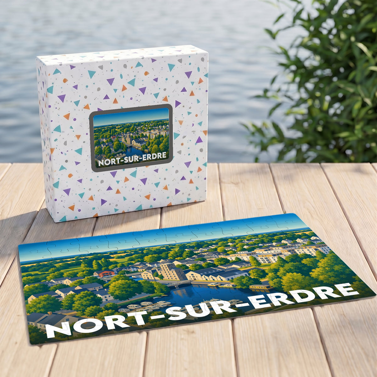 Puzzle souvenir de la ville de Nort-sur-Erdre avec une illustration panoramique stylisée.