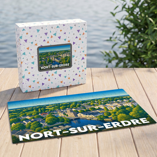Puzzle souvenir de la ville de Nort-sur-Erdre avec une illustration panoramique stylisée.