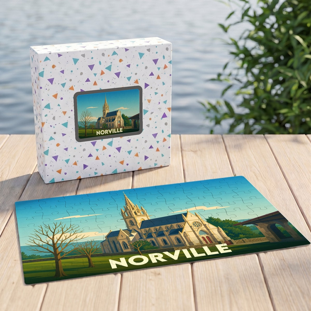 Puzzle souvenir de la ville de Norville représentant une église dans un style illustré.