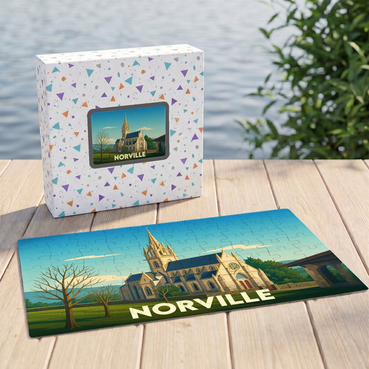 Puzzle souvenir de la ville de Norville représentant une église dans un style illustré.