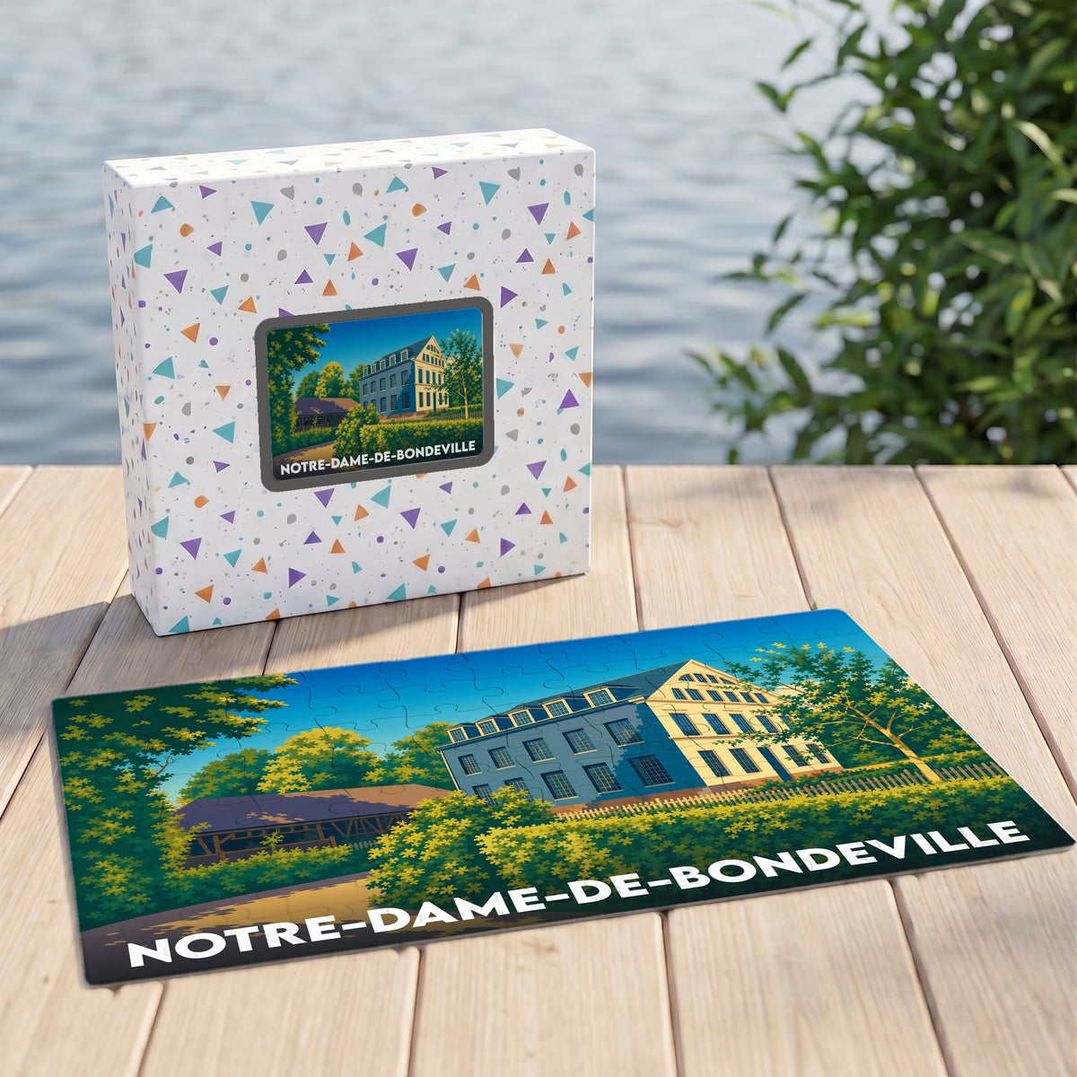 Puzzle souvenir de la ville de Notre-Dame-de-Bondeville avec une illustration stylisée et colorée.